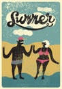 Summer typographic grunge vintage poster design with cartoon couple. Funny stylized man and woman in swimsuit. Retro vector illust Royalty Free Stock Photo